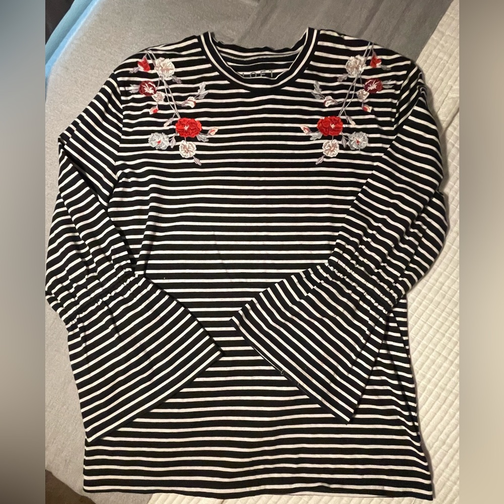 LOFT Black & White Striped Top w/ Floral Embroidery